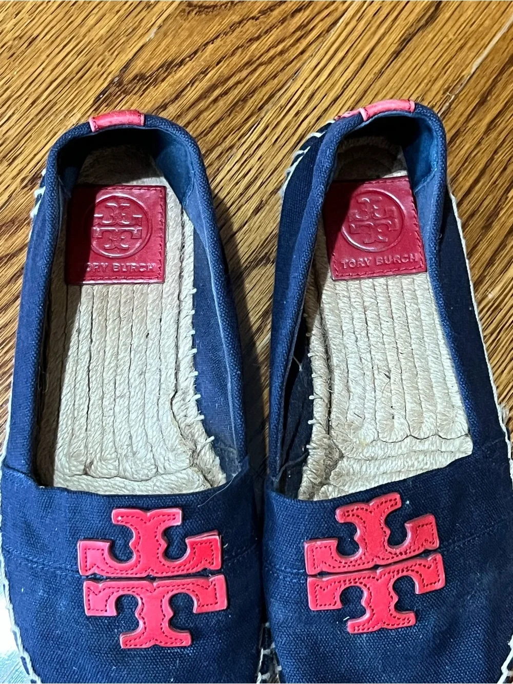Tory Burch Weston Flat Espadrille Navy Canvas Red Logo Slip On Shoes